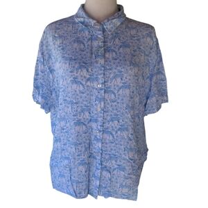 Anthropologie Jane & Delancey Blue White Flowy Button Up Zebra Floral Blouse XL